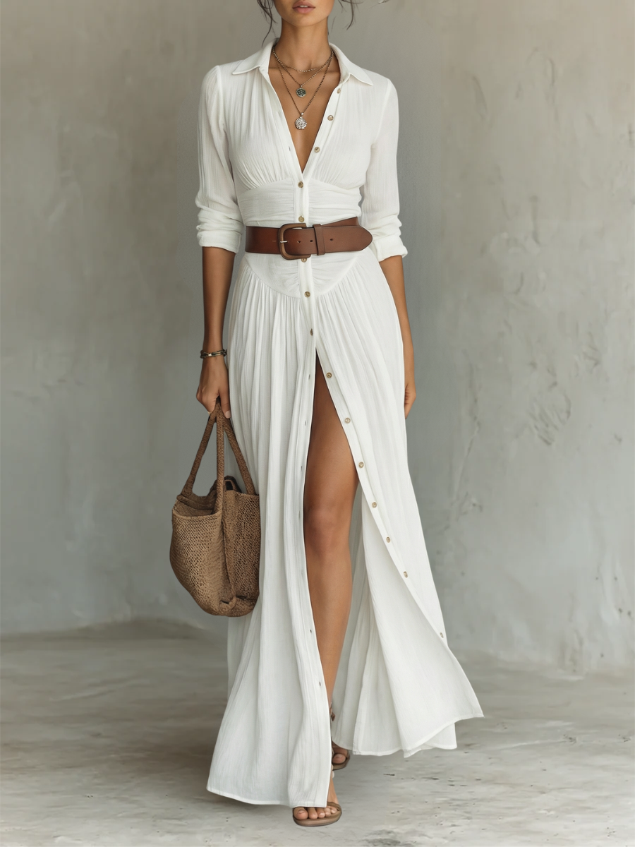 Robe Maxi avec Col Noté et Manches Longues