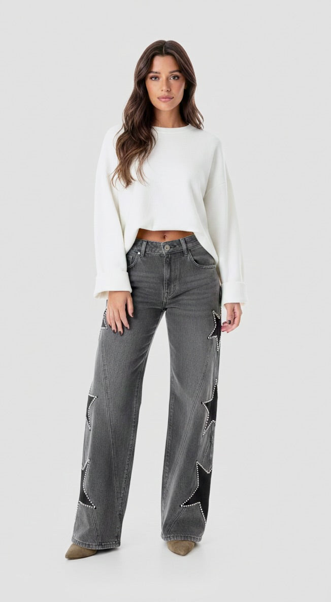 Livia™| Jean Droit Décontracté à Étoiles - Noir