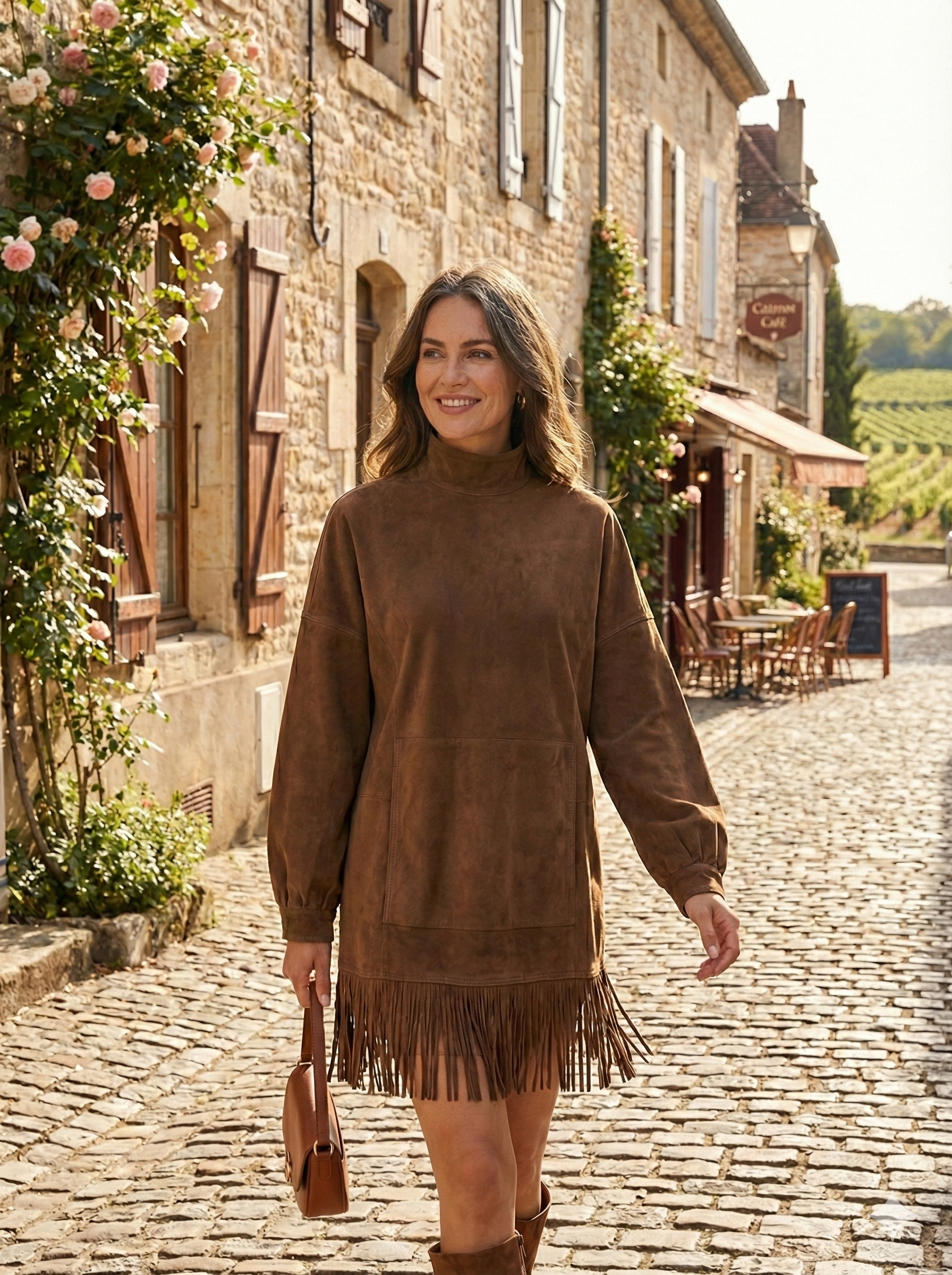 Savenna™ | Robe en daim avec col montant et franges