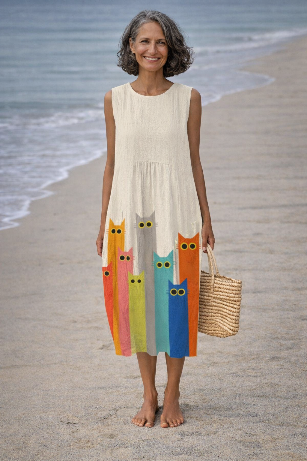 Penélope | Robe midi avec art de chats colorés