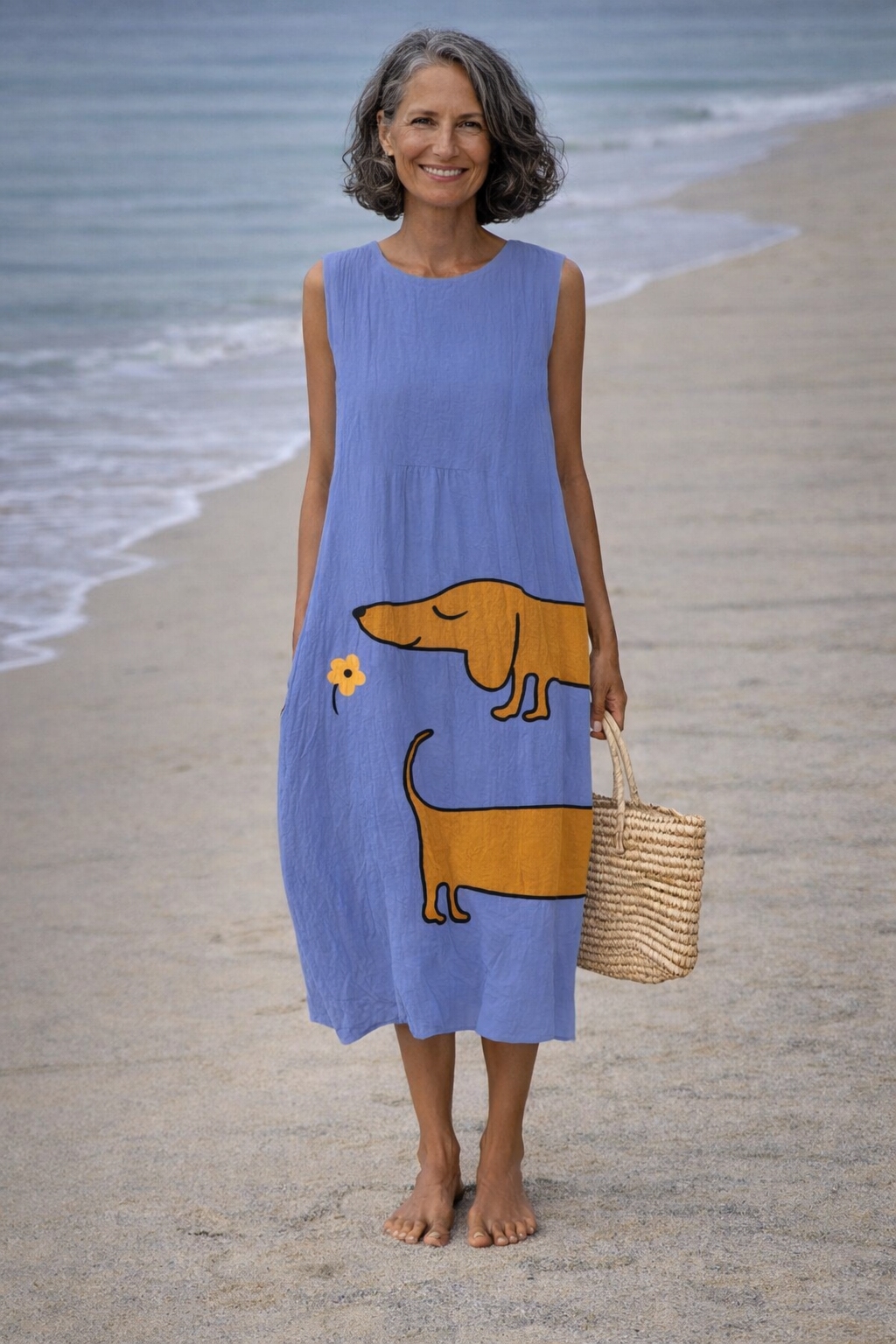 Julia | Robe en lin pour femme avec imprimé de chien saucisse