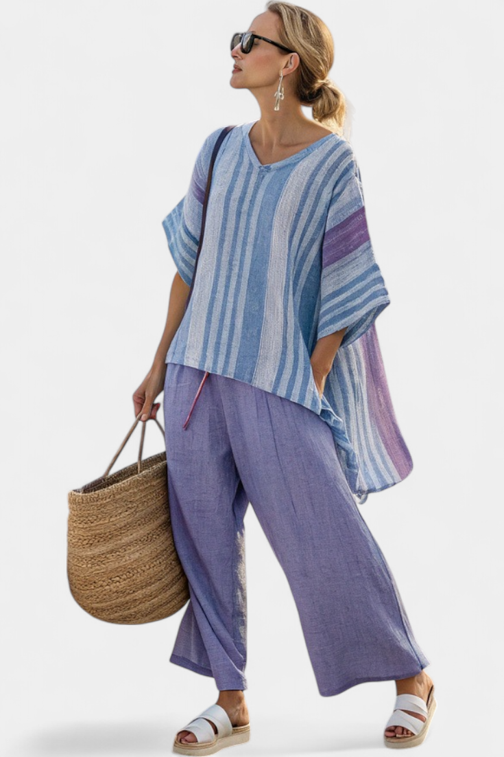 Carlotta – Haut élégant en lavande et bleu ciel avec pantalon en lin