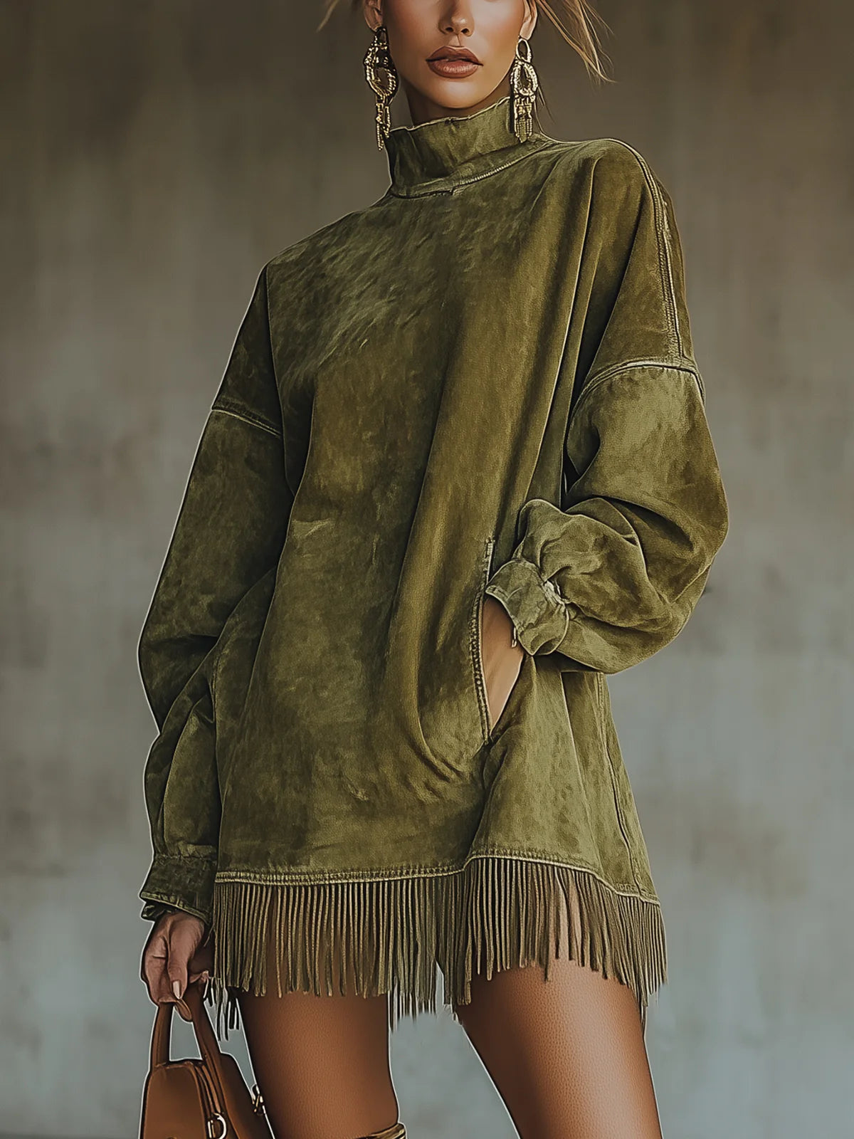 Savenna™ | Robe en daim avec col montant et franges