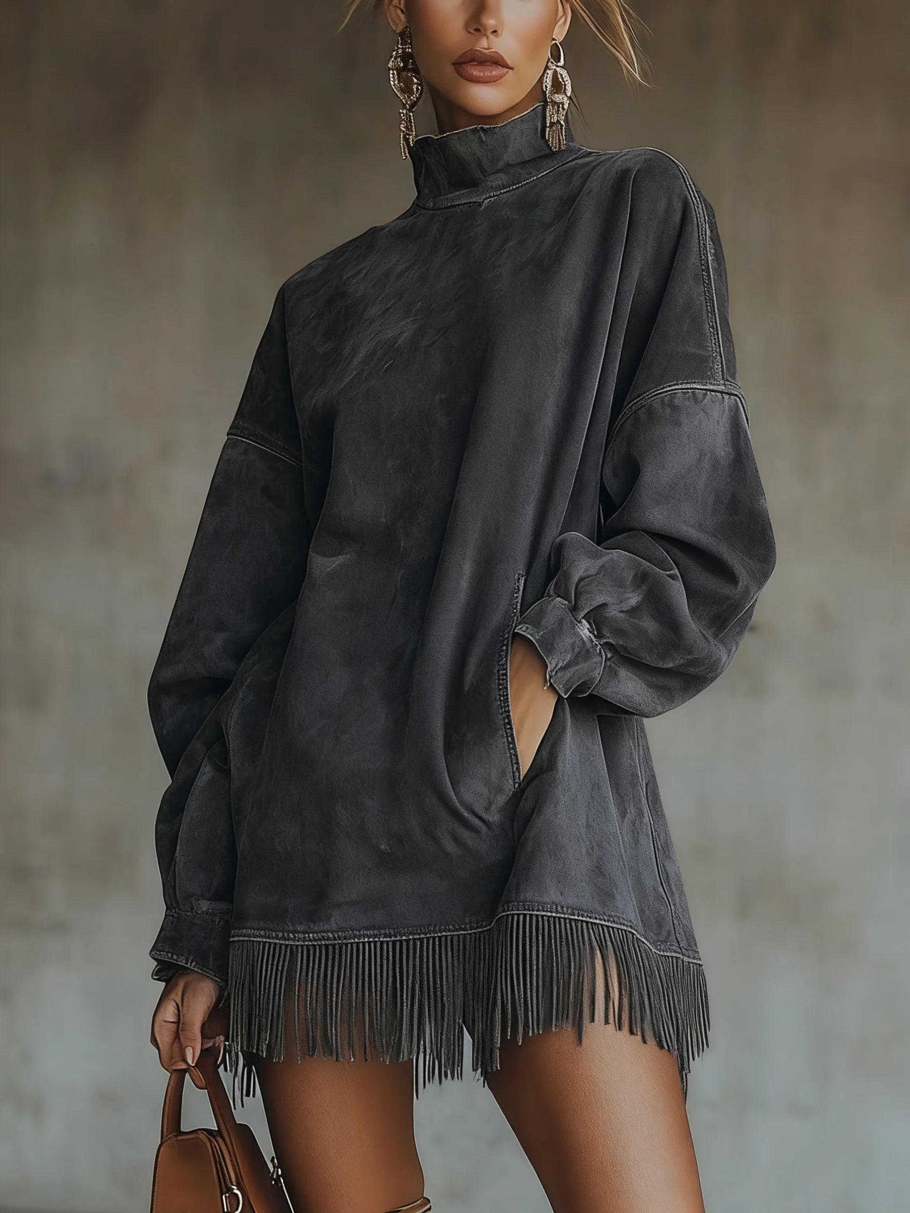 Savenna™ | Robe en daim avec col montant et franges