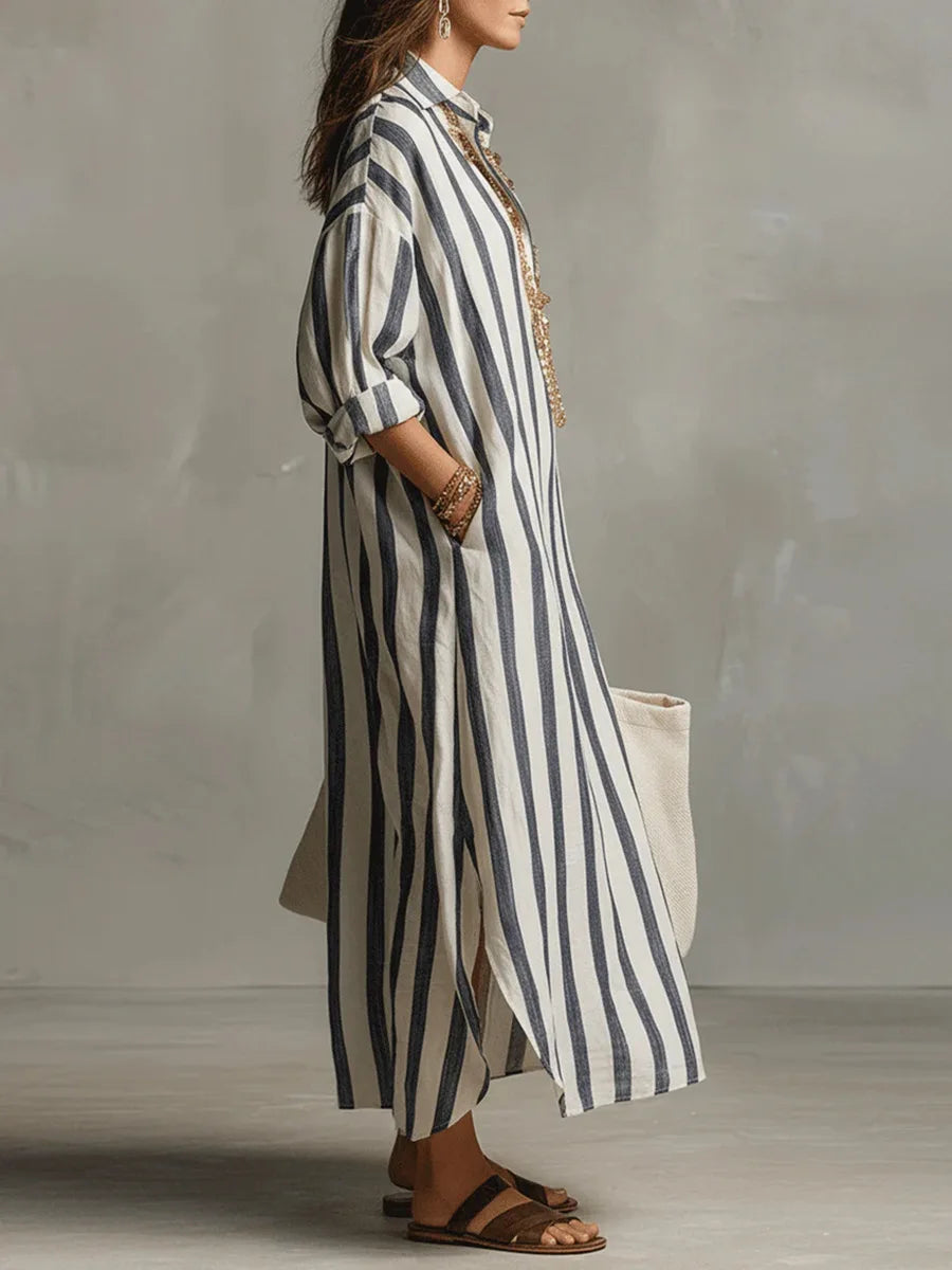 Scout | Robe Maxi à Rayures avec Manches Longues et Poches Latérales
