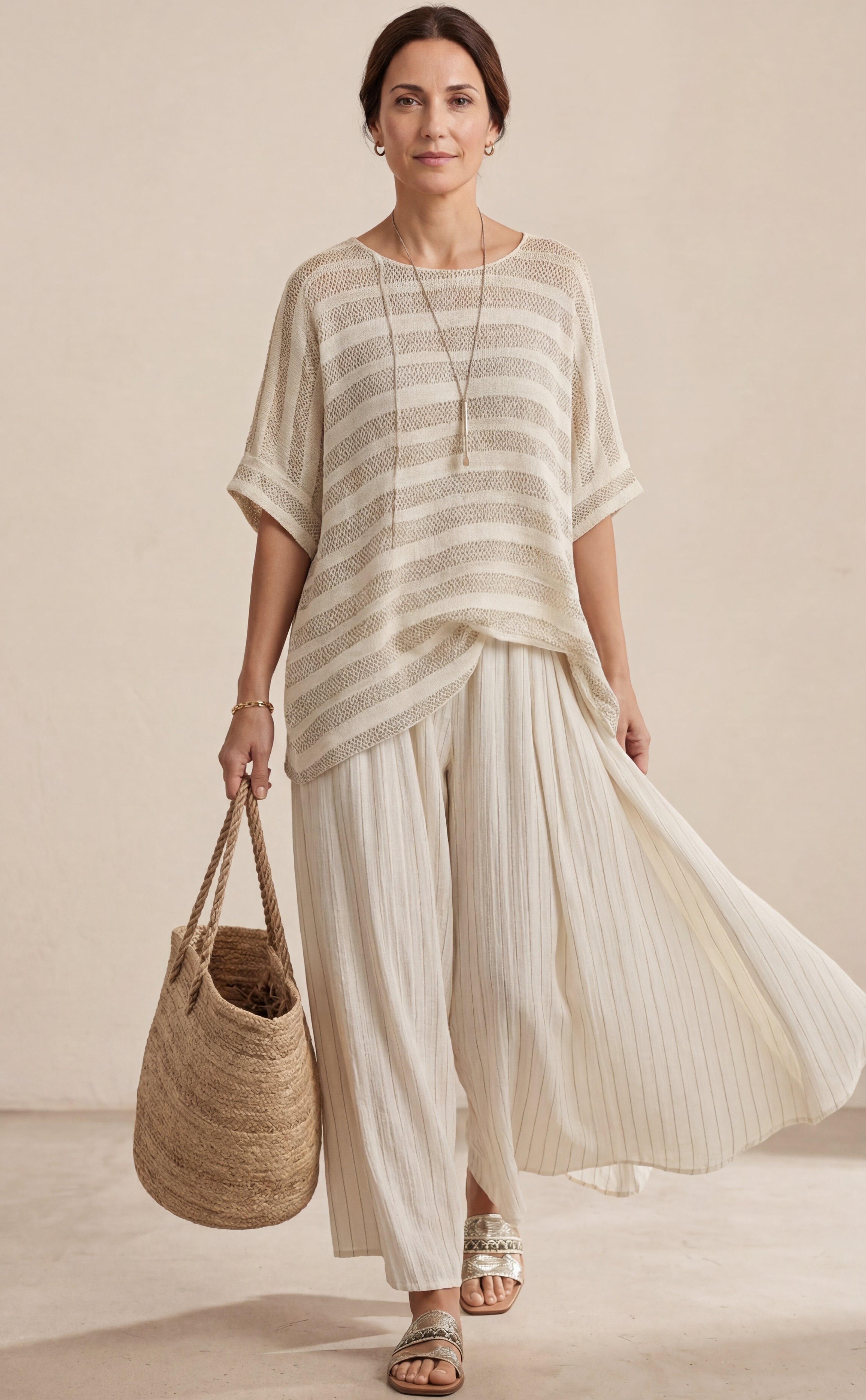 Graziella — Haut à rayures en bambou naturel et pantalon en lin fluide