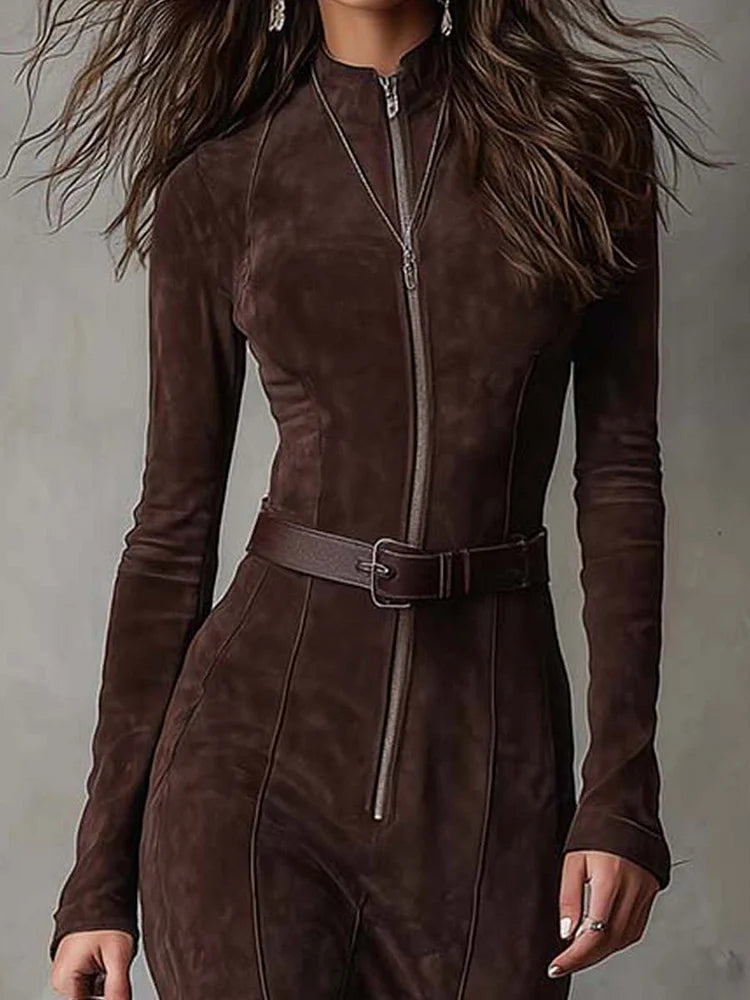 Marsella | Robe Longue Marron avec Ceinture