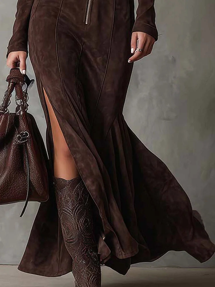 Marsella | Robe Longue Marron avec Ceinture