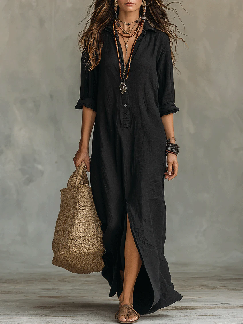 Soline™ | Robe Maxi Noire Ample avec Boutons