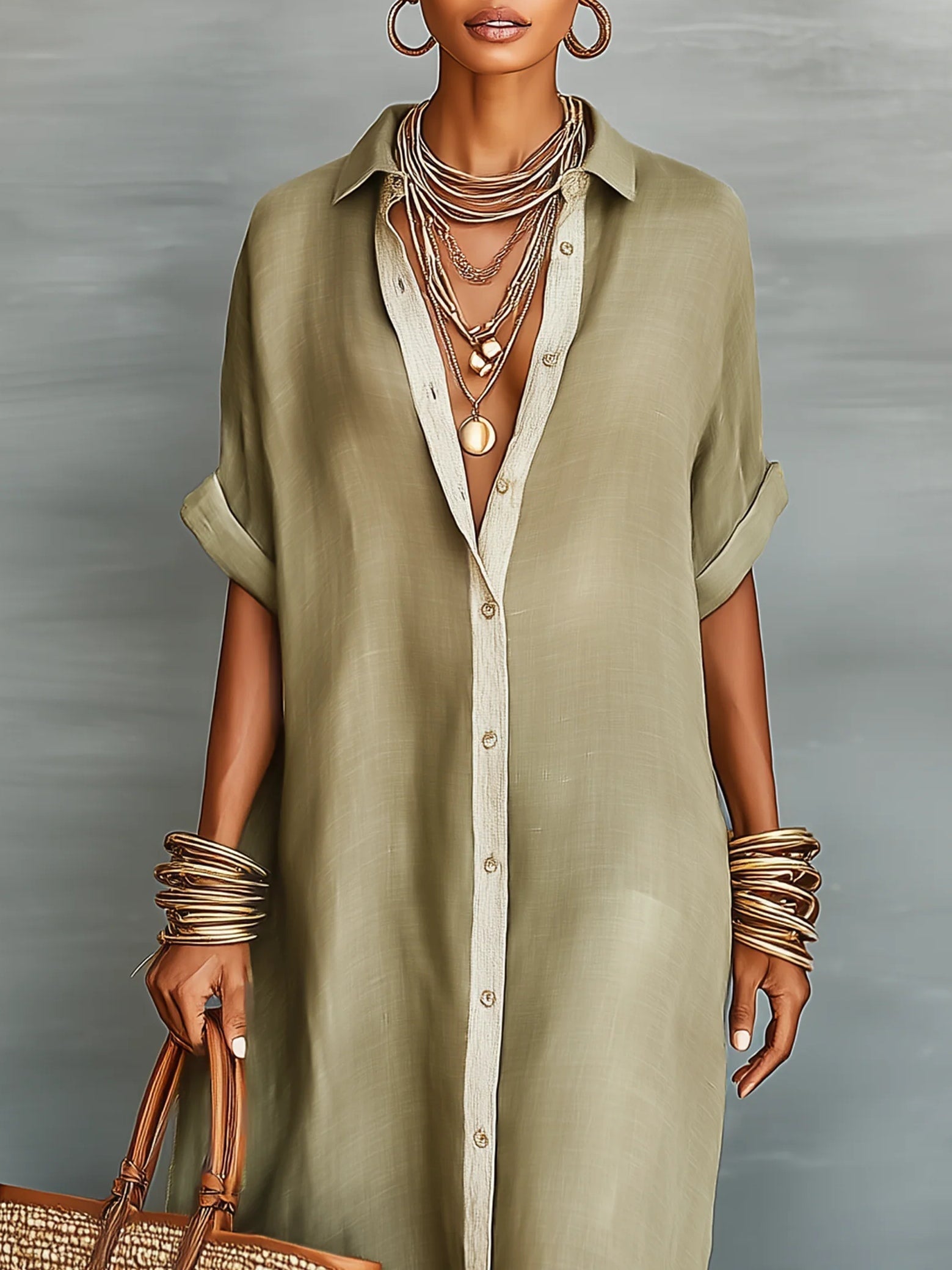 Manelle | Robe Maxi Verte Olive avec Ligne Minimaliste