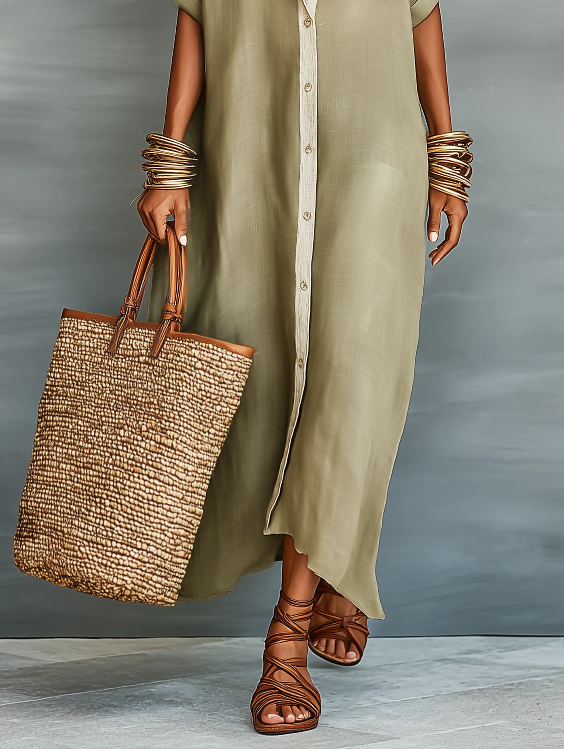 Manelle | Robe Maxi Verte Olive avec Ligne Minimaliste