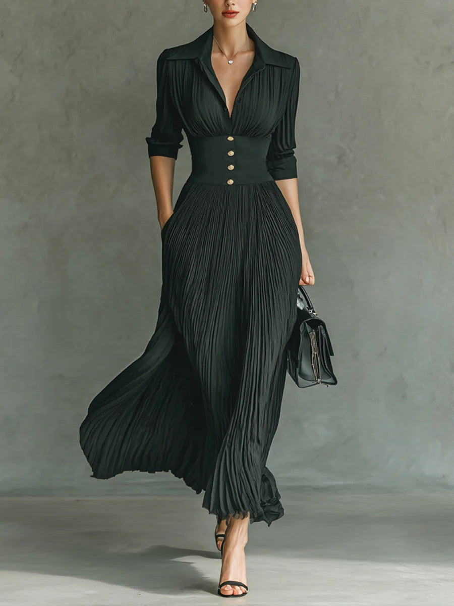 Elvira | Robe Longue Plissée avec Revers et Taille Haute