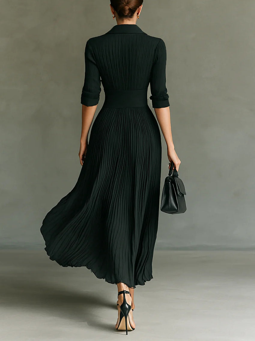 Elvira | Robe Longue Plissée avec Revers et Taille Haute