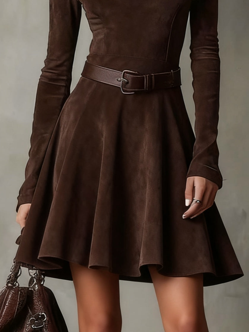 Noémie™ | Mini Robe Vintage en Suède Marron Foncé