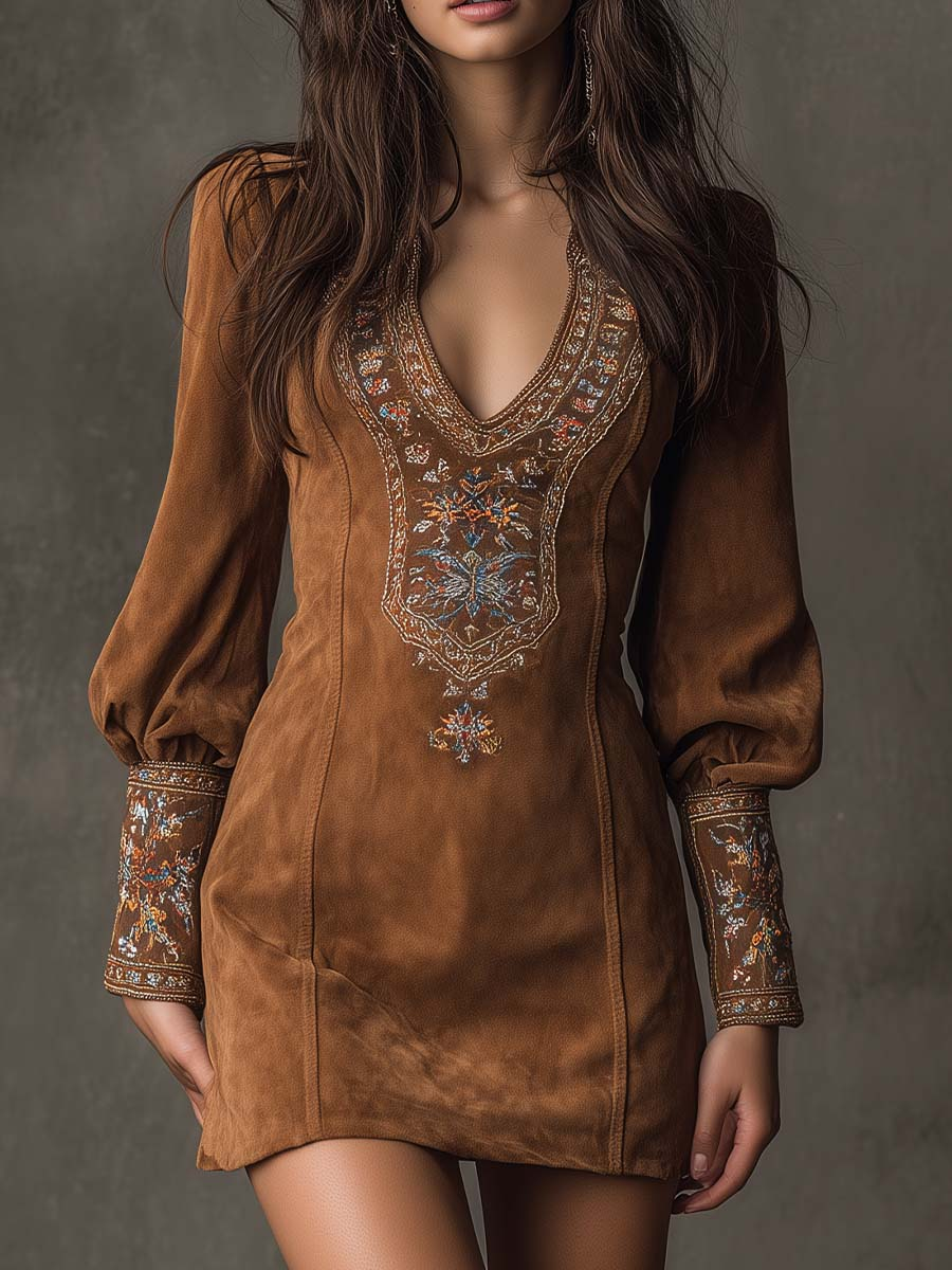 Lunori™ | Robe mini en suédine avec broderie Violet