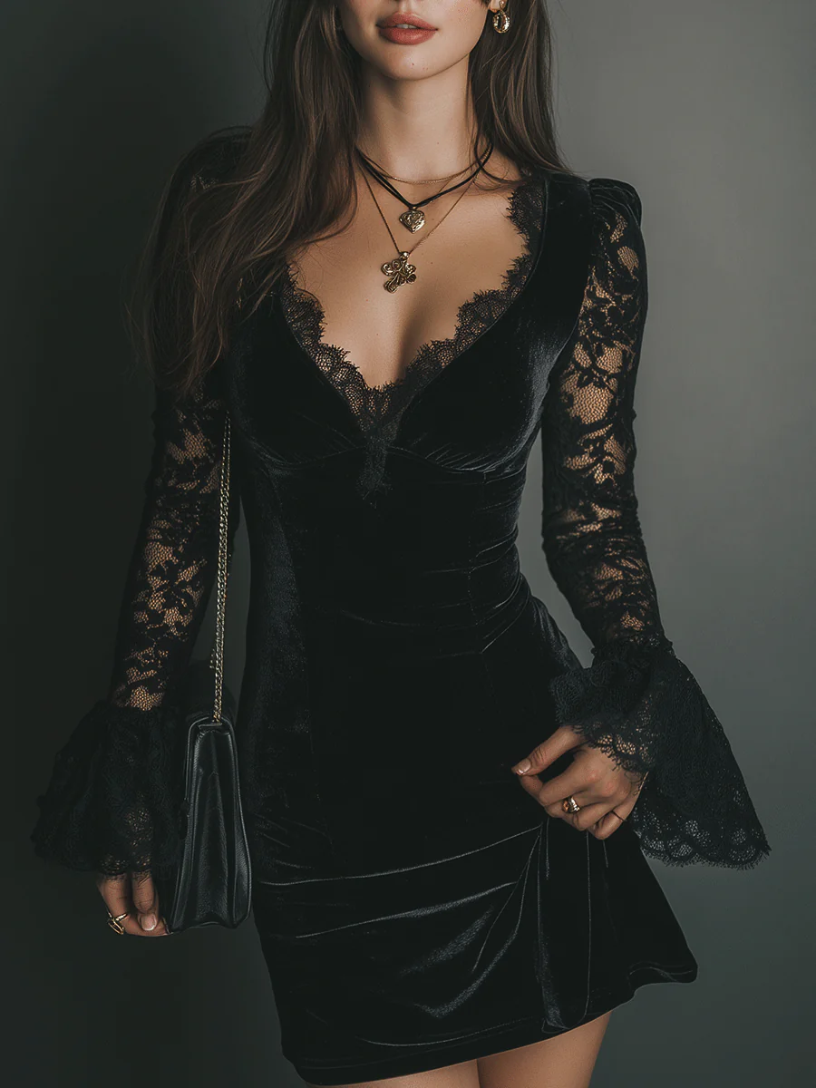 Lunori™ | Robe Mini en Velours et Dentelle Luna