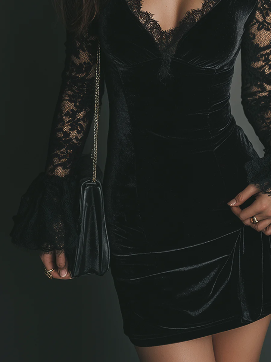 Lunori™ | Robe Mini en Velours et Dentelle Luna