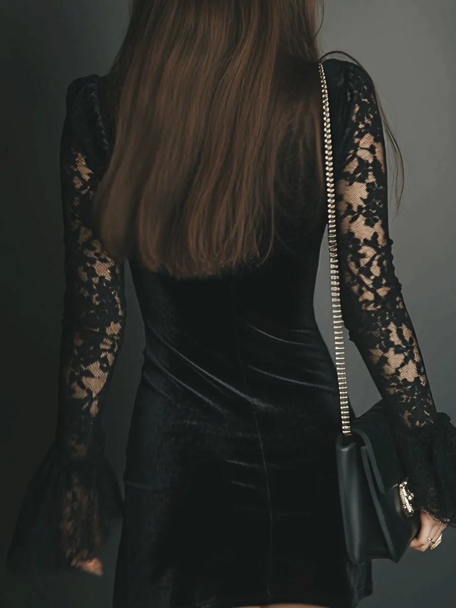 Lunori™ | Robe Mini en Velours et Dentelle Luna