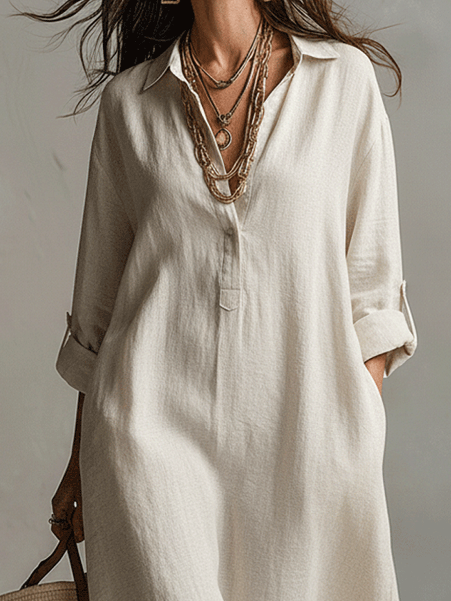 Robe chemise maxi vintage légère en crème naturelle