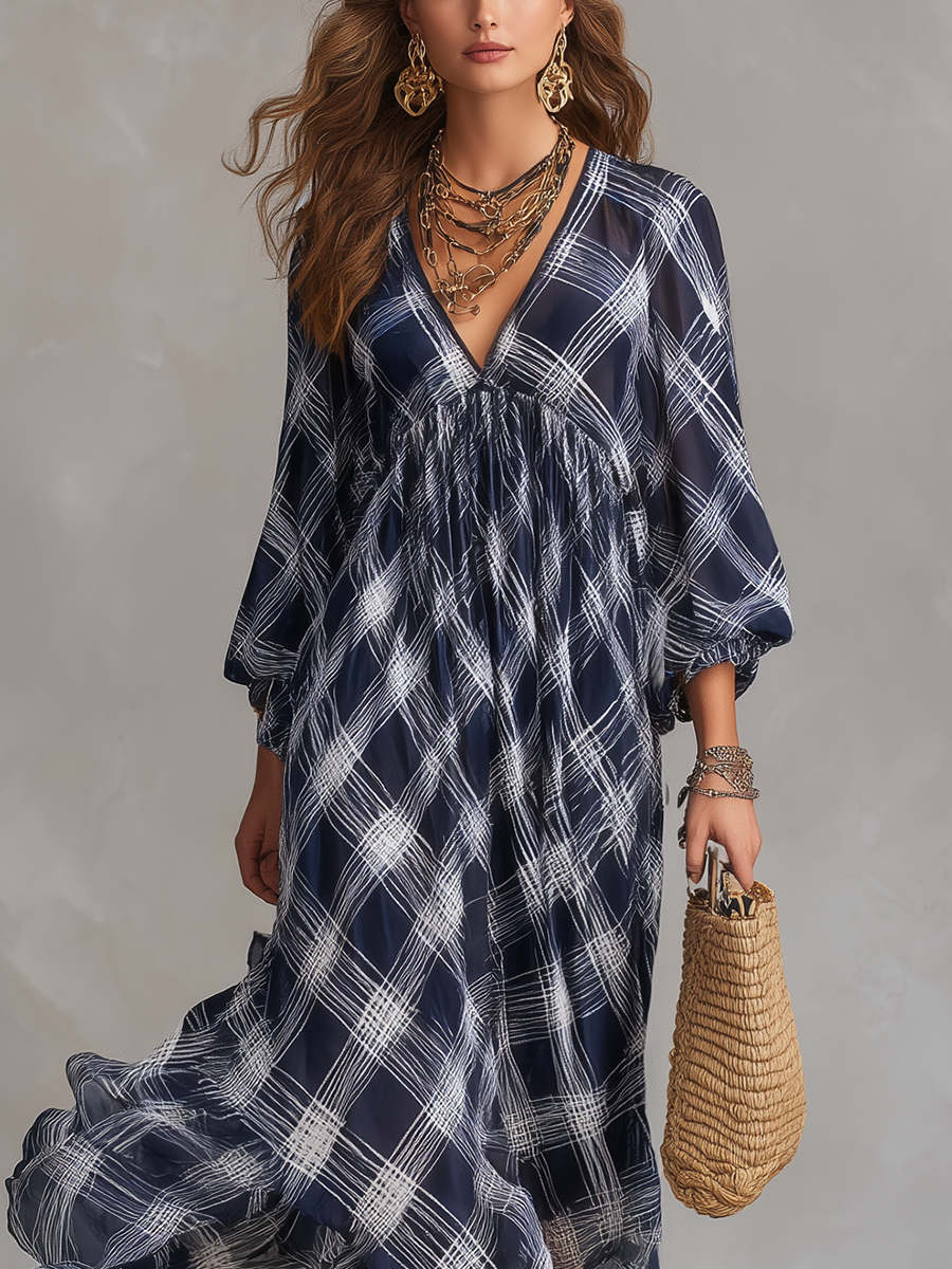 Robe maxi fluide de style français, à carreaux bleu marine, coupe décontractée