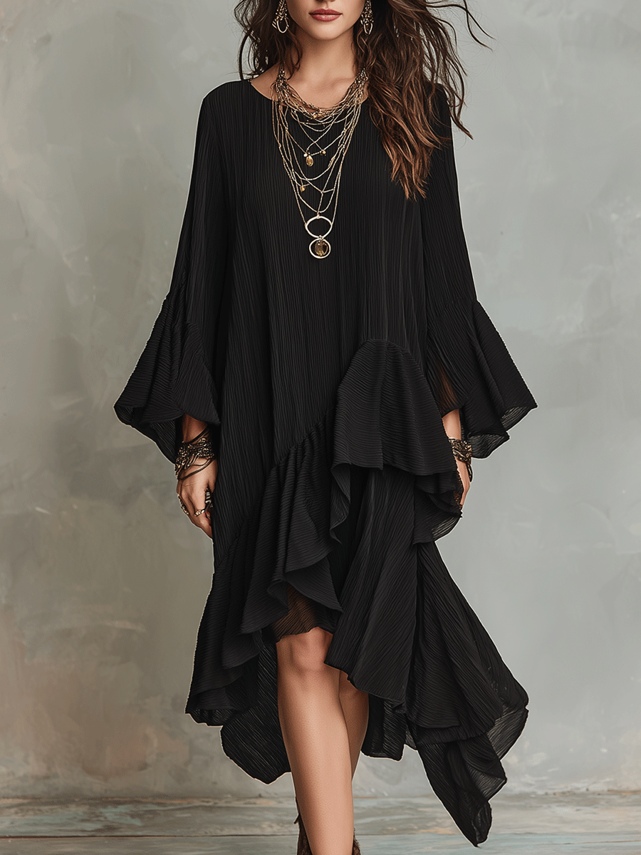 Robe midi bohème noire asymétrique élégante avec plis