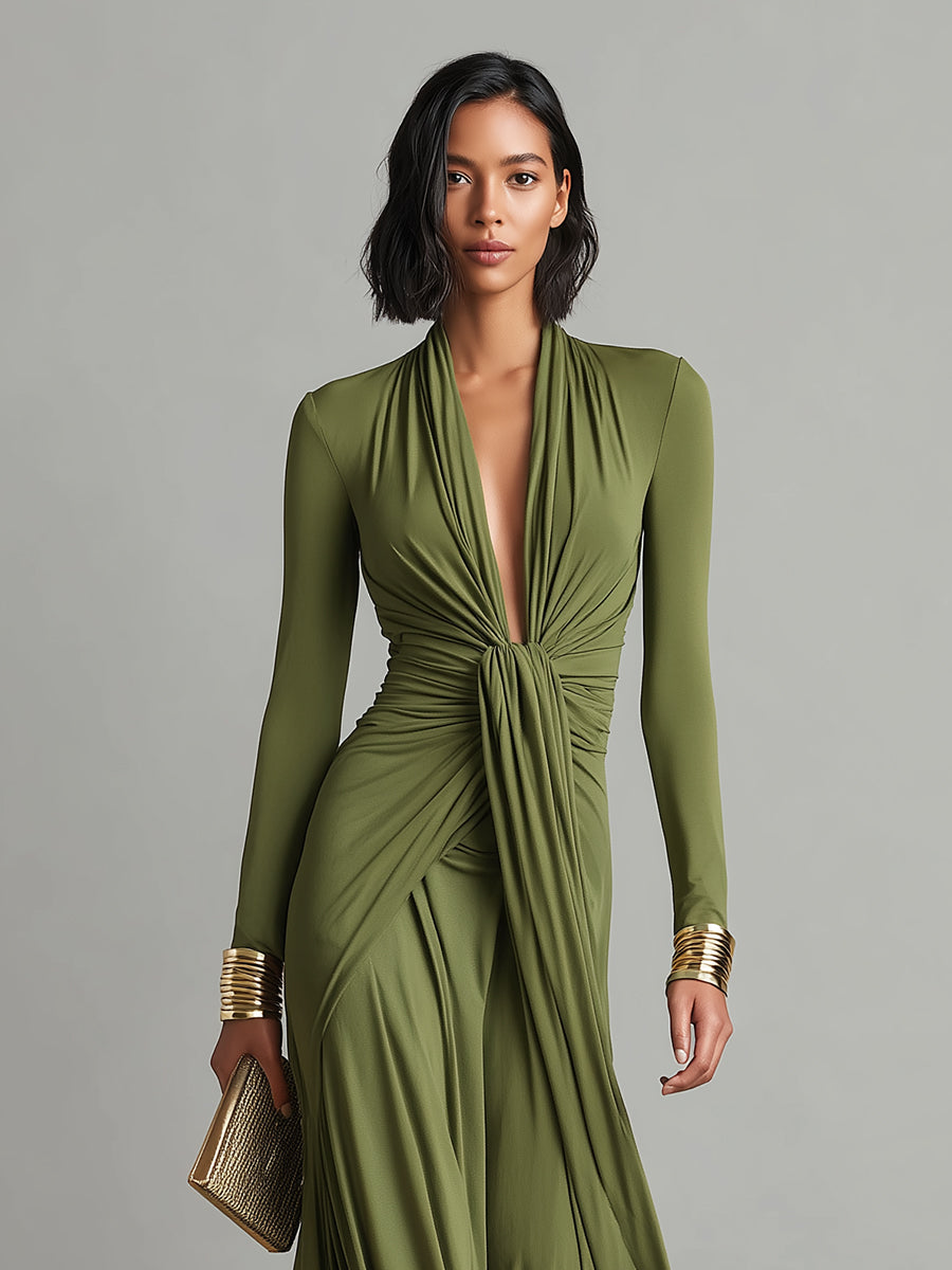 Robe Maxi en Soie Olive avec Décolleté en V