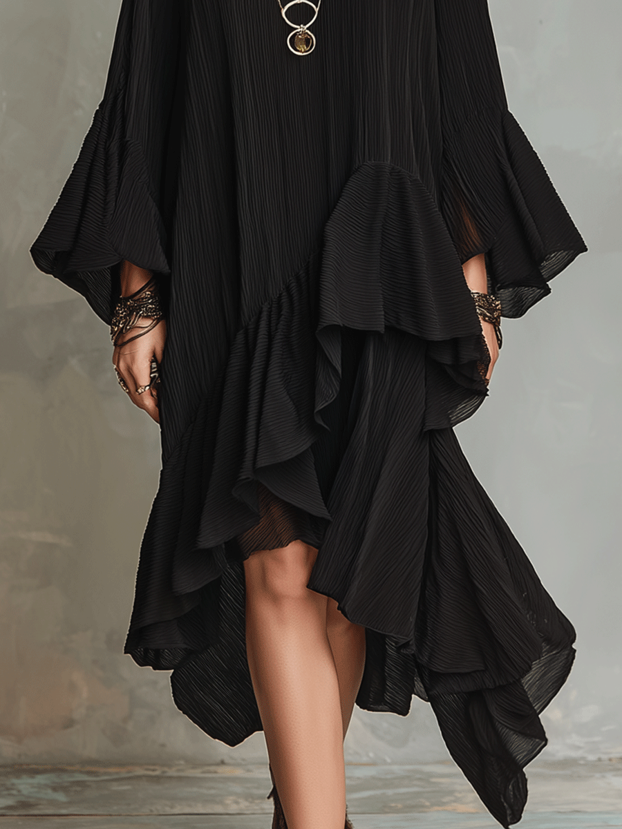 Robe midi bohème noire asymétrique élégante avec plis