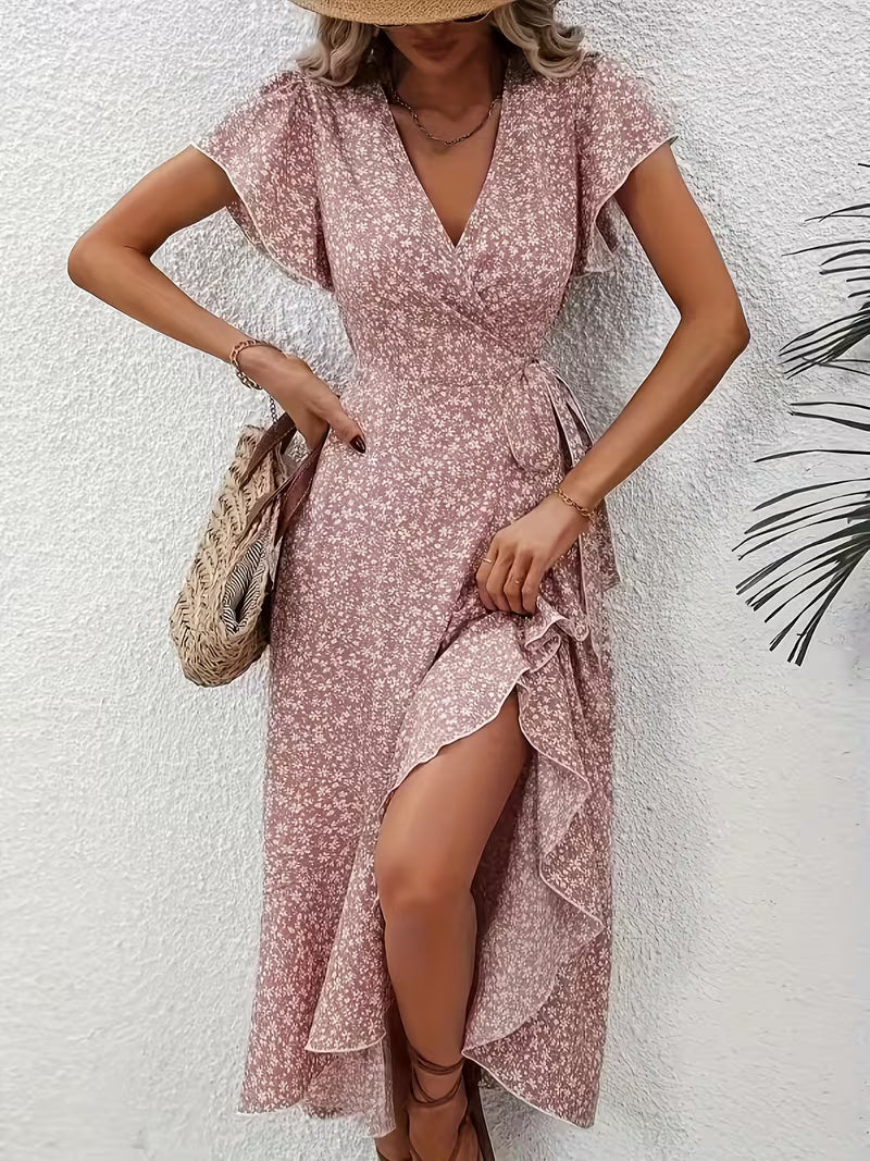 Skye | Robe Midi Florale à Manches Volantes et Ourlet Asymétrique
