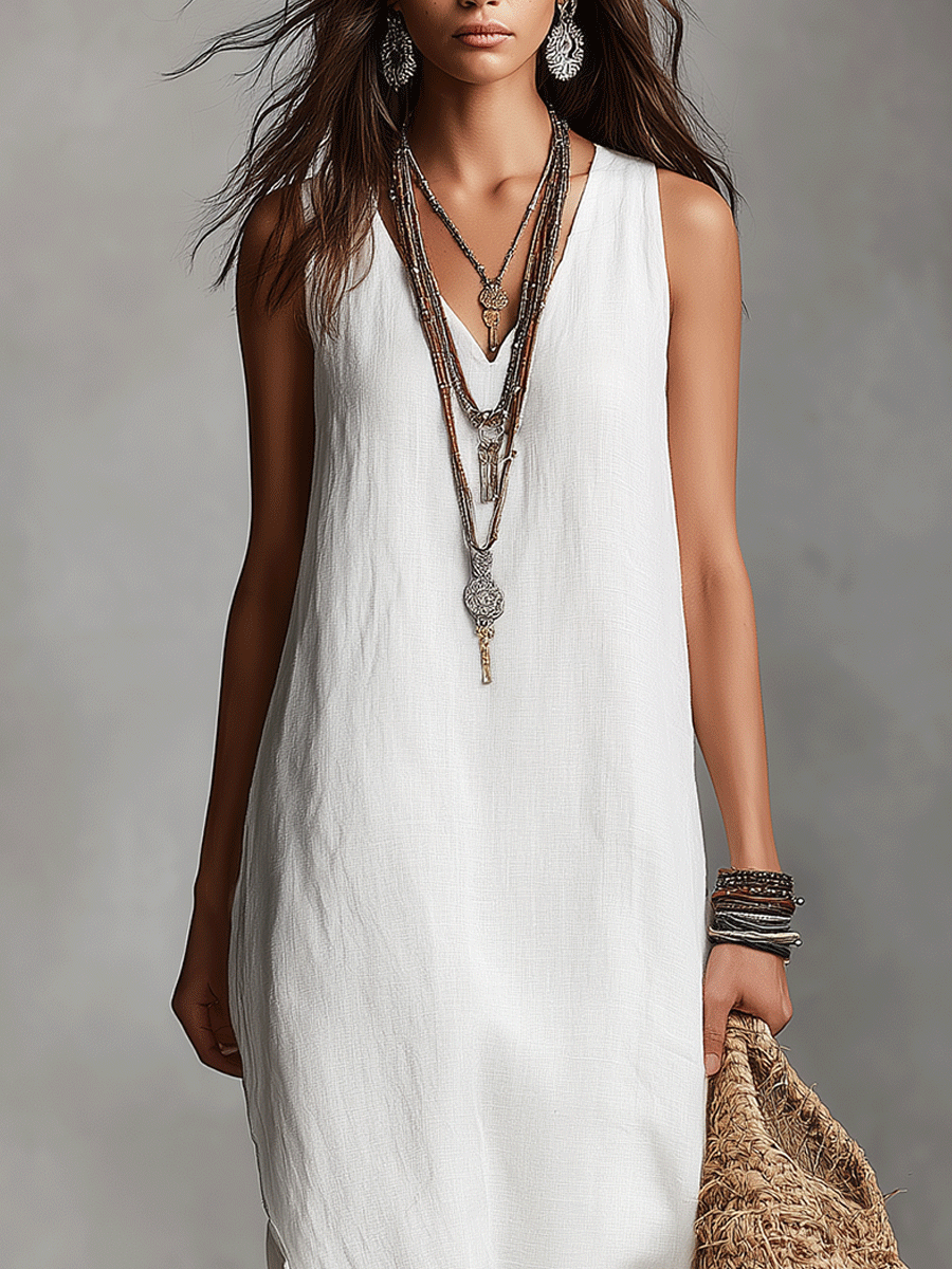 Robe maxi blanche sans manches avec décolleté en V