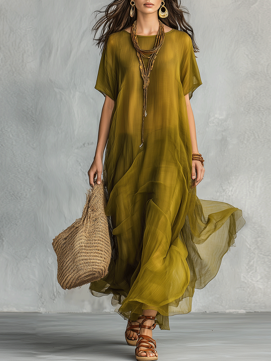 Robe maxi bohémienne vert olive avec silhouette drapée
