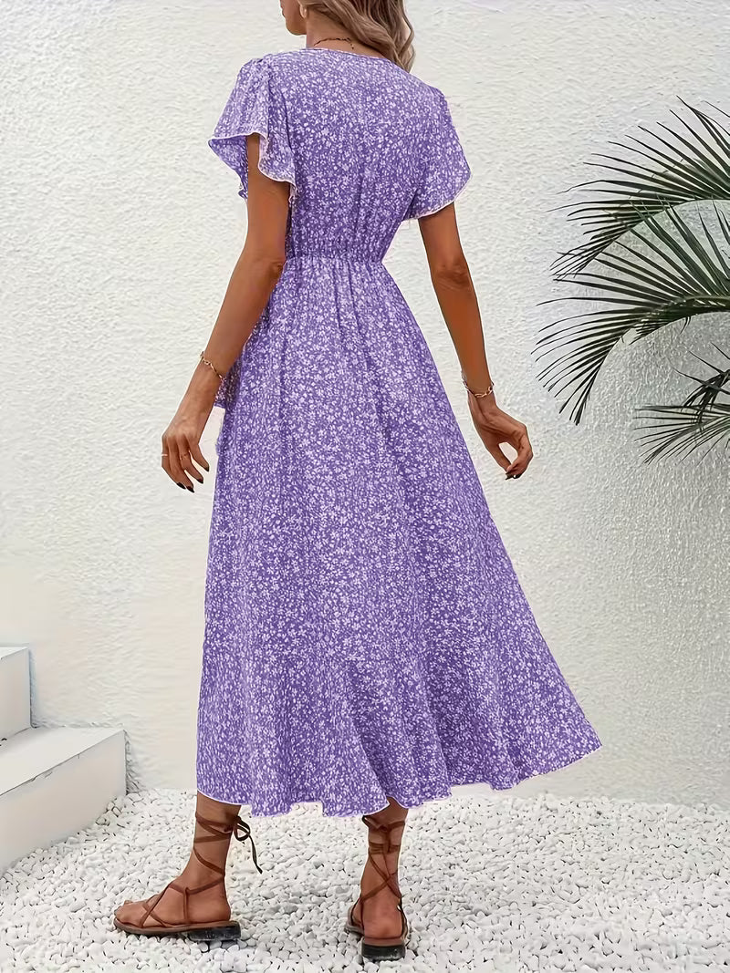 Skye | Robe Midi Florale à Manches Volantes et Ourlet Asymétrique