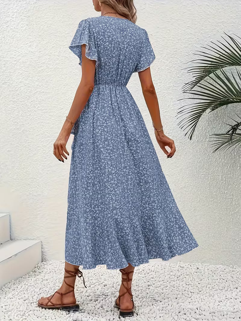 Skye | Robe Midi Florale à Manches Volantes et Ourlet Asymétrique