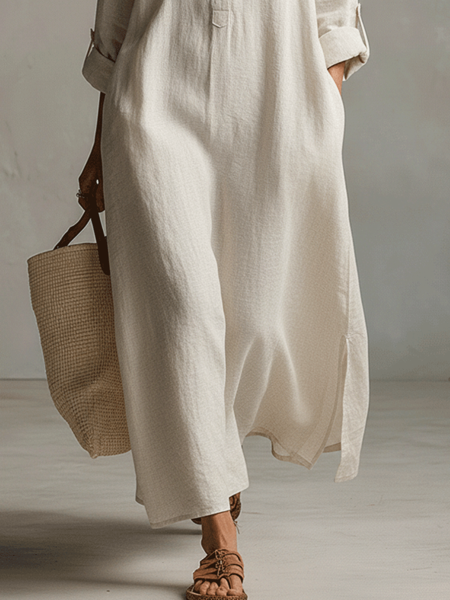 Robe chemise maxi vintage légère en crème naturelle