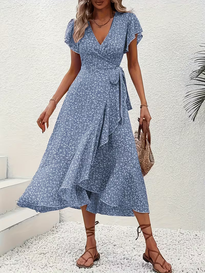 Skye | Robe Midi Florale à Manches Volantes et Ourlet Asymétrique
