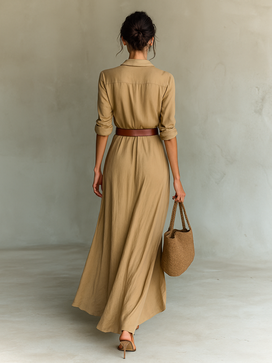 Robe Maxi avec Col Noté et Manches Longues