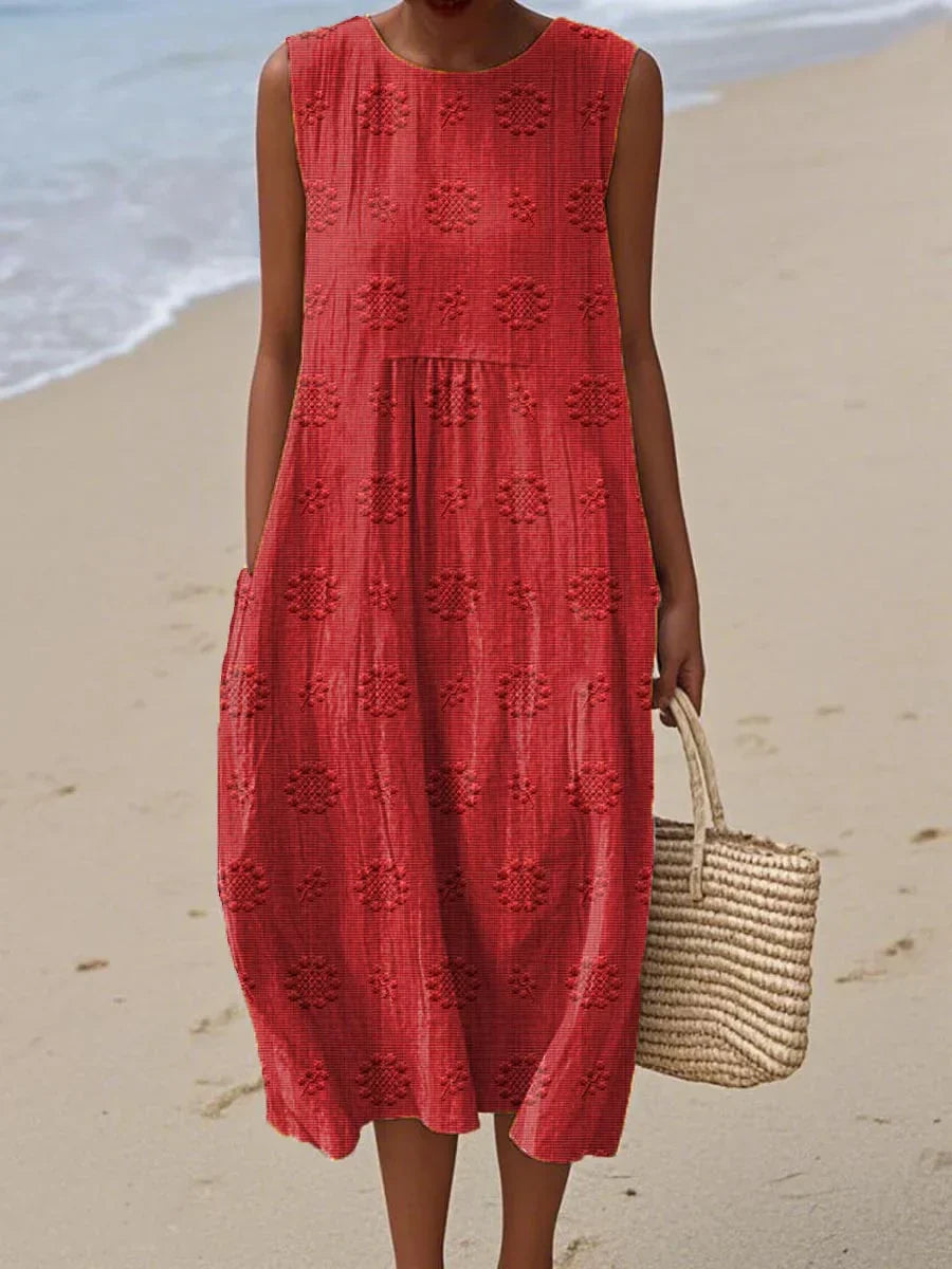 SANNE | Robe Midi d'Été avec Broderie et Poches Cachées