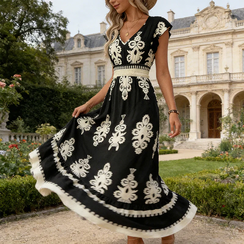 Celeste | Robe Maxi Imprimée Baroque avec Décolleté en V et Taille Smockée