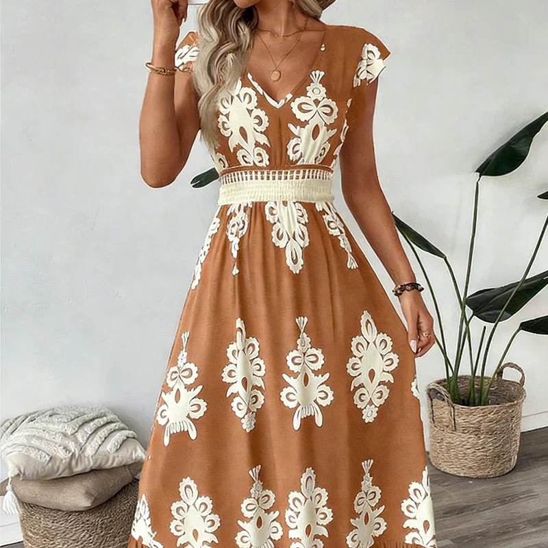 Celeste | Robe Maxi Imprimée Baroque avec Décolleté en V et Taille Smockée