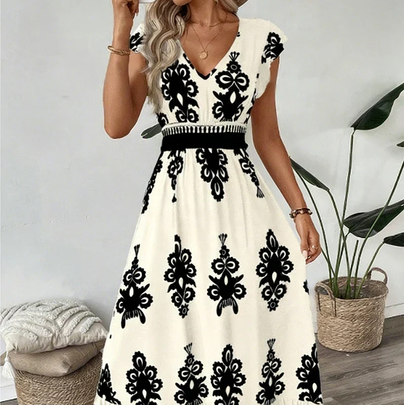 Celeste | Robe Maxi Imprimée Baroque avec Décolleté en V et Taille Smockée