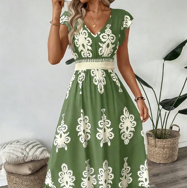 Celeste | Robe Maxi Imprimée Baroque avec Décolleté en V et Taille Smockée
